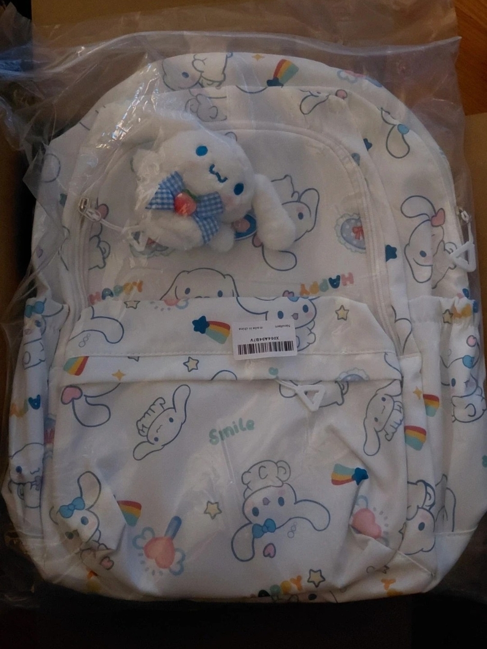 White Cinnamoroll-Style Kids Backpack with Plush Charm
